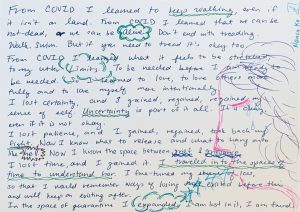 Multi-colored drawing of a crying person and text against a white background, beginning From COVID I learned to keep walking, even if it isn't on land