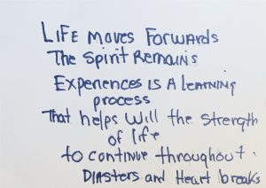 Blue text on a white background reads: Life mores Forwards The Spirit Remains Experiences is a learning process That helps will the strength of life to continue throughout disasters and heart breaks