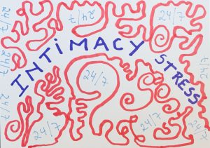 Red patterned marker drawing with purple text reading INTIMACY STRESS. Interspersed in the drawing, the numbers 24/7 are repeated