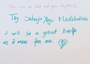 Smell blue drawing of a heart. Pink and blue text reading: How can we heal and grow together? Try Sahaja Yoga Meditation it will be a great help as it was for me.