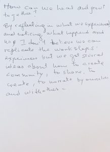 Black text on a white background reads: How can we heal and grow together? By reflecting in what we experienced, and noticing what happened around us. I don't believe we can replicate the workshops' experiences but we got several ideas about how to create community, to share, to create, to narrate by ourselves and with others