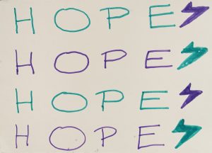 Green and purple lightning bolts next to the repeated word HOPE