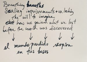 Black text on a white background reads: Breathing breaths Sealing imprisonments + unlocking the will to imagine how we gained what we lost before the world was discovered. El mundo perdido respira en tus besos