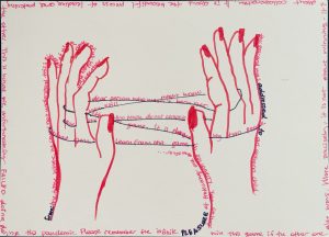 Red drawing of two hands holding yarn. Text crisscrosses the yarn, borders the hands, and continues around the edges of the postcard. It begins: Please remember the infinite PLEASURE of protecting one another...
