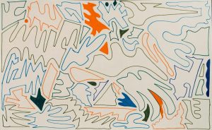 Abstract drawing of various shapes in orange, blue, green