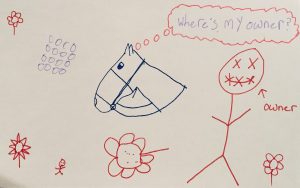 A blue drawing of a horse with a thought bubble above its head, asking Where's my owner? Next to the horse, a red drawing of a person with Xs covering their eyes and mouth. This person is labeled "owner." Red drawings of flowers and a small person join these larger drawings.