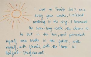 An orange and yellow sun and blue text against a plain white background. The text reads: I went to Trader Joe's once every four weeks; I missed walking in the city. I treasured the hour-long walk, the chance to be out in the sun, and promised myself more walks in the future, with myself, with friends, with the trees in Bedford-Stuyvesant.