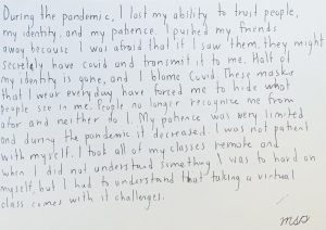 Black text on a white background beginning: During the pandemic, I lost my ability to trust people, my identity, and my patience.