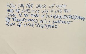 Blue text against a plain white background. Text reads: HOW CAN THE SHOCK OF COVID AND THE EXPLOITIVE WAY OF LIFE THAT CAME TO THE FORE IN OUR GLOBAL ENTANGLEMENT BE TRANSFORMED INTO A DIFFERENT FORM OF LIVING TOGETHER?