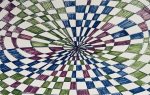 Purple, blue, green, and white checkered spiral