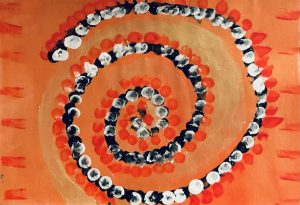 White, black, and deep orange spiral against an orange and gold background