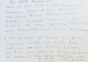 Black text on a white background, beginning En Esta Pandemia Para mi Eve muy triste porque no podiamos salir a casa de otros familiares porque tanbien estaban...