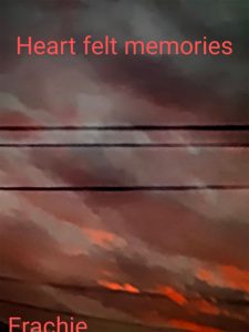 Shades of red, gray, white, and black like a sunset with three thin black stripes at the center. The top of this postcard reads Heart felt memories. The bottom of this postcard reads Erachie