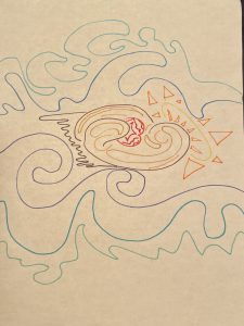 White postcard filled with multi-colored drawing. Blue waves surround an abstract mix of brown swirls, yellow triangles, and a red heart