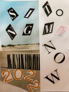 Postcard featuring a photograph of a sandy beach beneath a blue sky. Collaged letters form the words SING TO ME NOW 2022