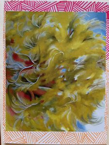 White postcard with red and orange line drawings framing a small abstract painting. The painting features swirls of green, blue, red, and white.